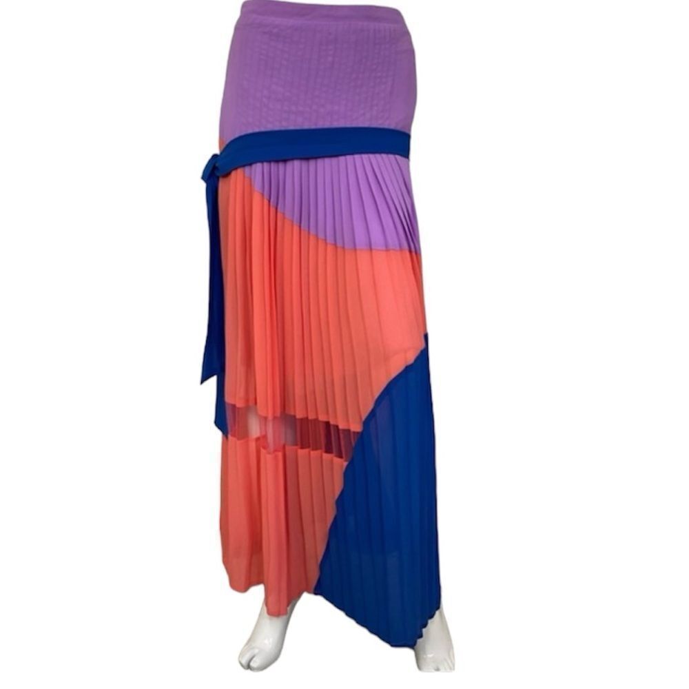 Jealous Tomato Boho Colorblock Accordion Pleats Maxi Skirt & Matching Sash Tie S